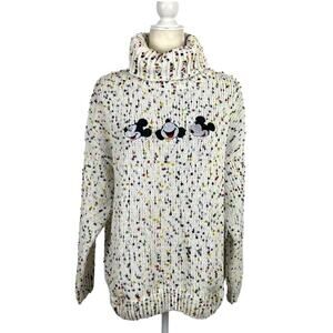Disney Mickey Mouse Embroidered Turtleneck Confetti Knit Pullover Sweater Large